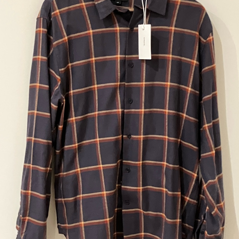 Vince Men's Dark Blue and Orange Checkered Shirt